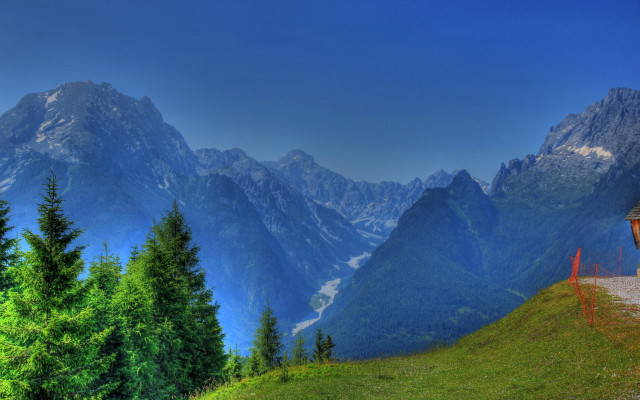 Mountain hut forest lake sky free wallpaper - medium preview image