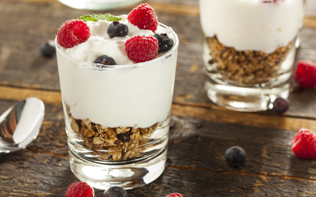 Yogurt berries granola wooden table free wallpaper - medium preview image