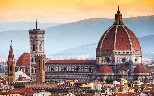 Cathedral clocktower mountains sunset renaissance free wallpaper - medium preview image