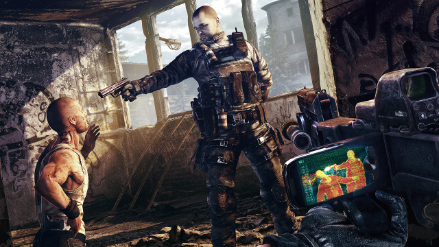 Futuristic suit man pointing ruined free wallpaper - medium preview image
