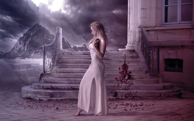 Woman white dress staircase mountain free wallpaper - medium preview image