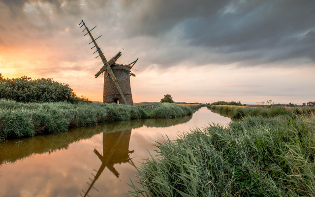 Windmill river sunset reflection clouds free wallpaper - medium preview image
