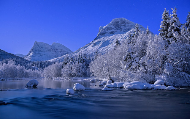 River snowy trees mountains fullmoon free wallpaper - medium preview image