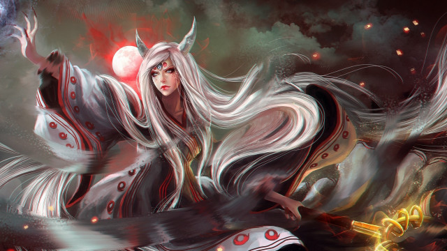 White haired woman sword red free wallpaper - medium preview image