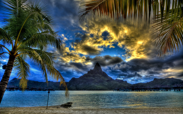 Palm beach sand cloudy mountains free wallpaper - medium preview image