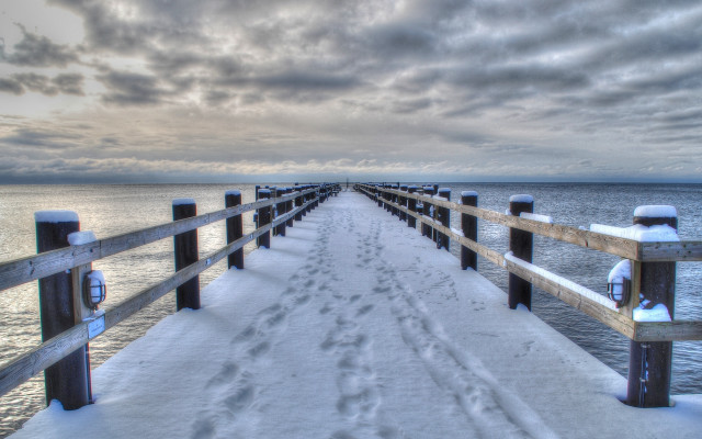 Wooden pier snowy ground cloudy free wallpaper - medium preview image
