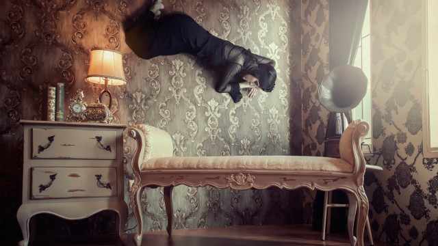 Upside down woman surreal room free wallpaper - medium preview image