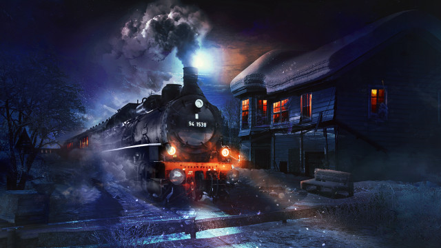 Train moon night cityscape snow free wallpaper - medium preview image