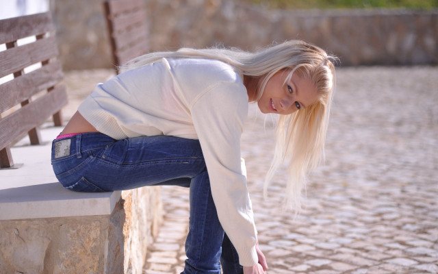 Woman bench crossed legs blonde free wallpaper - medium preview image