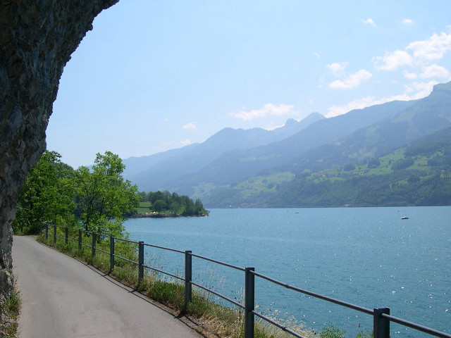 Lake mountains road fence bench free wallpaper - medium preview image