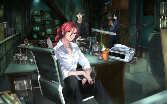 Woman redhair sitting desk portrait free wallpaper - medium preview image