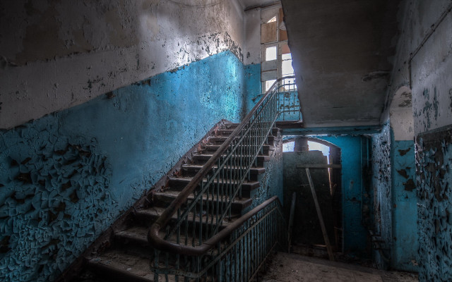 Ruined stairs blue walls peeling free wallpaper - medium preview image