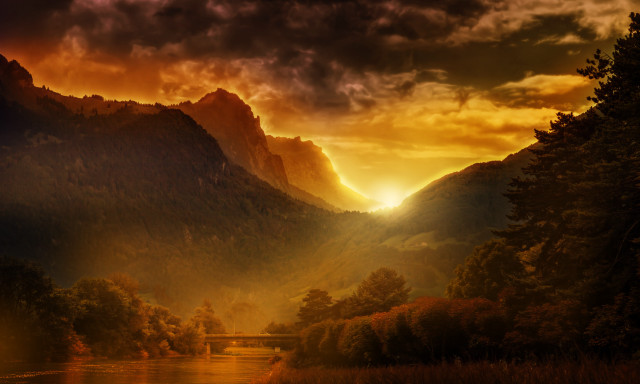 River mountain sunset sunbeam cloud free wallpaper - medium preview image