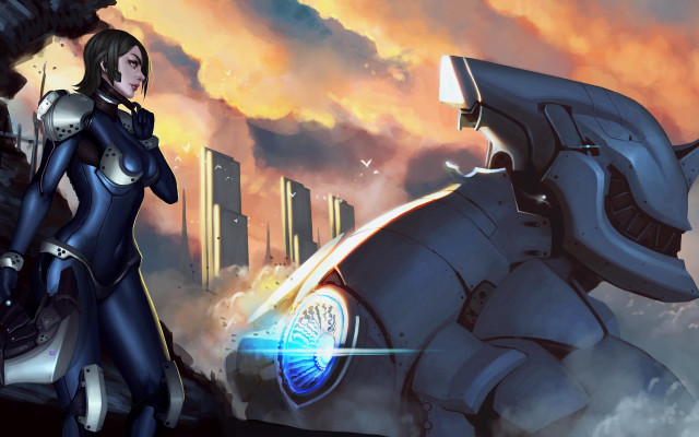 Futuristic woman robot city sunset free wallpaper - medium preview image