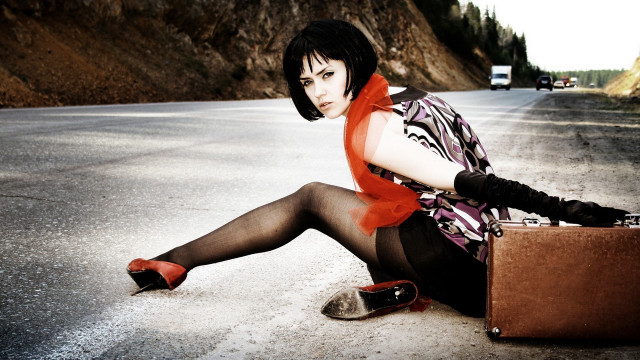 Woman road suitcase redscarf fashion free wallpaper - medium preview image