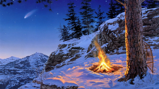 Fire snow tree mountains night free wallpaper - medium preview image