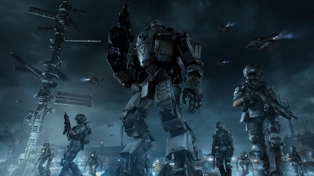 Giant robot city night helicopter free wallpaper - medium preview image