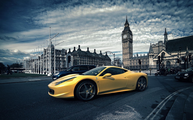 Yellow sports car clock tower #2 free wallpaper - medium preview image