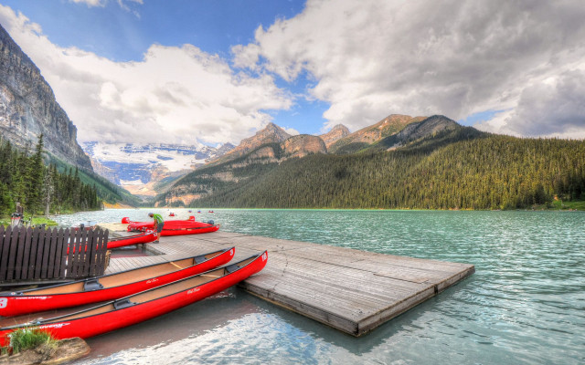 Dock red canoes lake mountains free wallpaper - medium preview image
