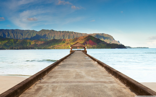 Pier bench water mountains background free wallpaper - medium preview image