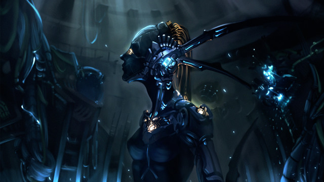 Futuristic woman sword dark room free wallpaper - medium preview image