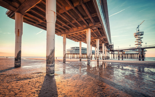 Pier building sunset waterwaves cityscape free wallpaper - medium preview image
