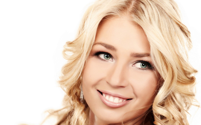 Blonde smiling woman portrait white free wallpaper - medium preview image