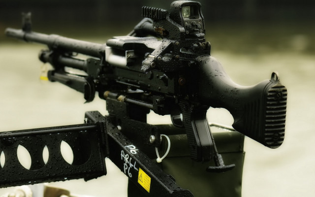 Machinegun stand river yellowtag photorealism free wallpaper - medium preview image