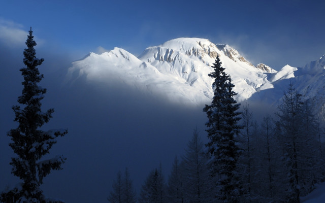 Snow mountain forest bush clouds free wallpaper - medium preview image