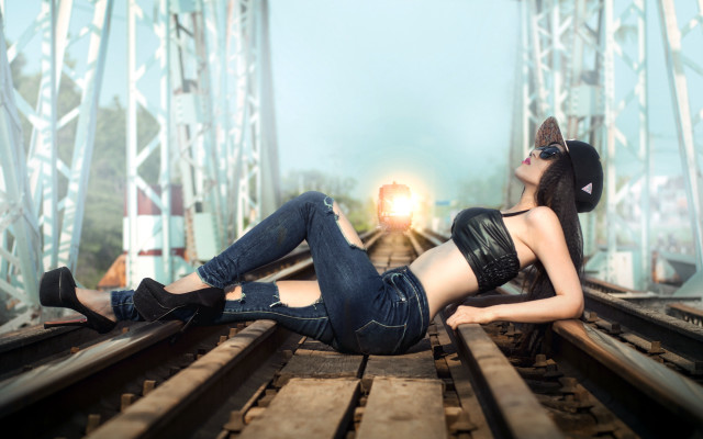Traintrack woman crossedlegs hat denim free wallpaper - medium preview image