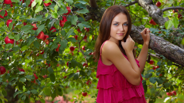 Pink dress woman apple tree free wallpaper - medium preview image