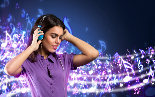 Woman headphones music notes glowing free wallpaper - medium preview image