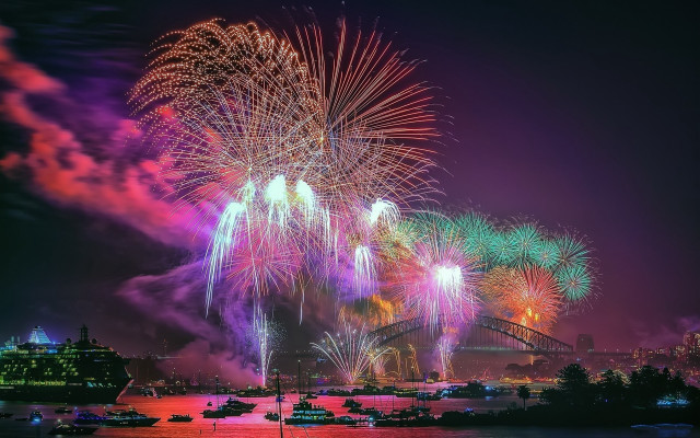Fireworks city bridge water night free wallpaper for desktop - medium preview image