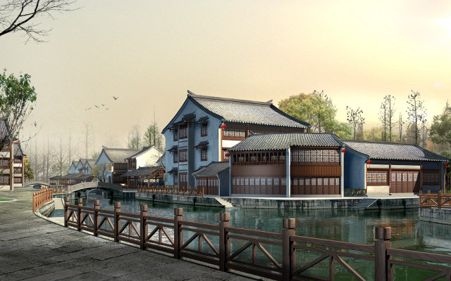 Building water bridge tree city free wallpaper - medium preview image