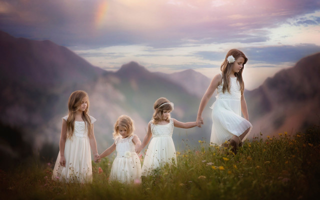 Girls holding hands field mountains free wallpaper - medium preview image
