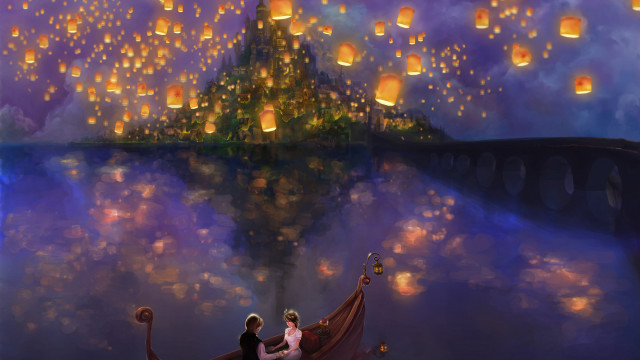 Castle boat lanterns magical night free wallpaper - medium preview image