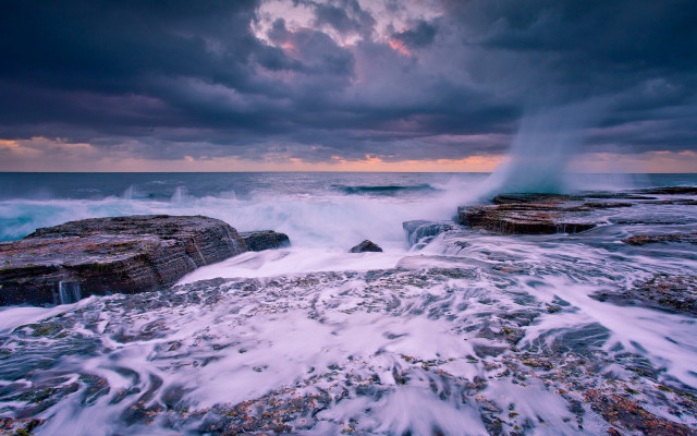 Wave rocks beach sunset ocean free wallpaper - medium preview image