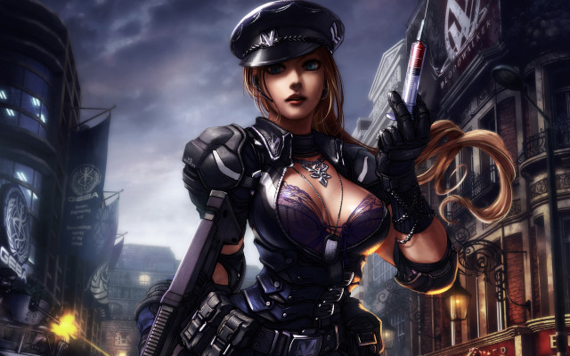 Woman police cyberpunk city night free wallpaper - medium preview image