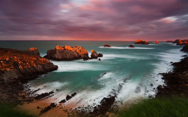 Sunset ocean waves mountains mystical free wallpaper - medium preview image