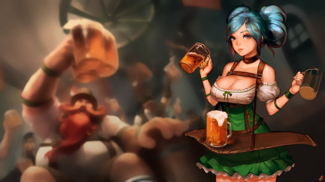Woman green dress beer tray free wallpaper - medium preview image