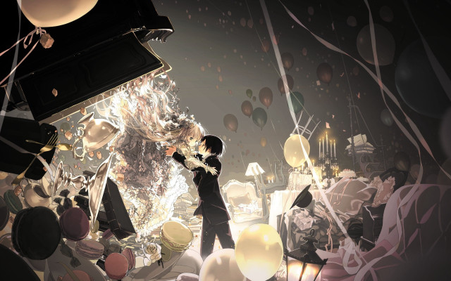 Balloons clock tower anime illustration free wallpaper - medium preview image