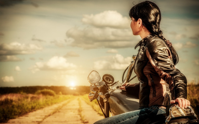 Woman motorcycle dirt road sunset free wallpaper - medium preview image
