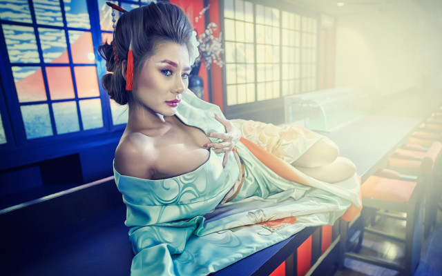 Woman blue dress bench cellphone free wallpaper for desktop - medium preview image