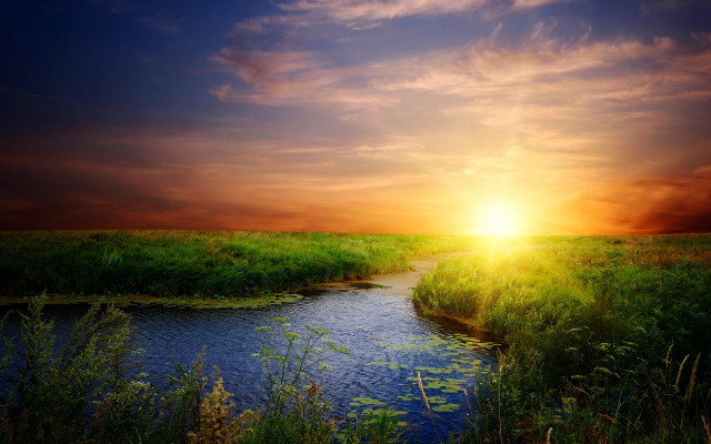River green field cloudy sunset free wallpaper - medium preview image