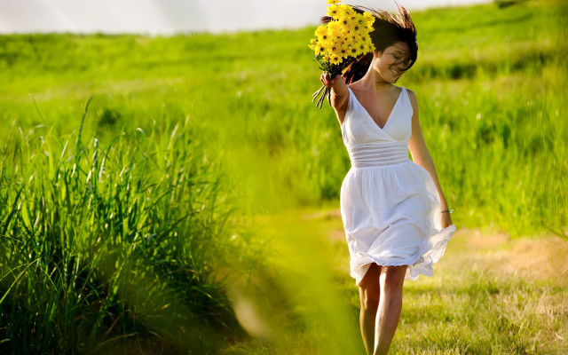 Woman white dress flower field #11 free wallpaper - medium preview image