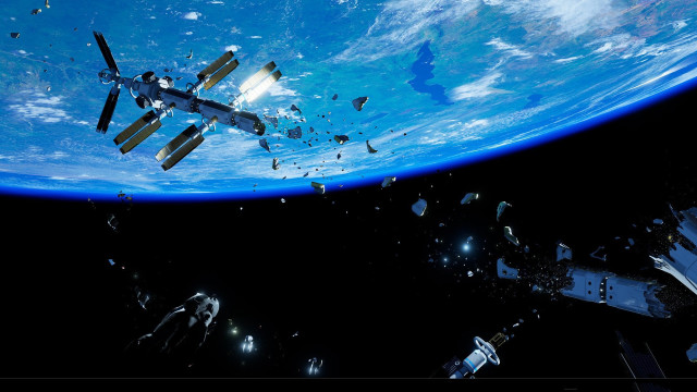 Space station blue planet debris free wallpaper - medium preview image