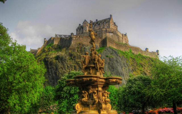 Gothic castle fountain trees clouds free wallpaper - medium preview image