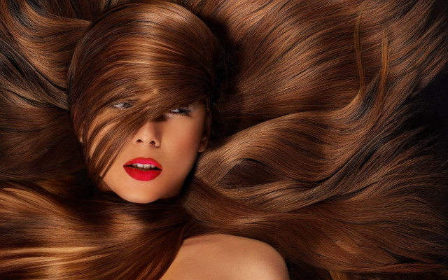 Woman long hair blowing photorealistic free wallpaper - medium preview image