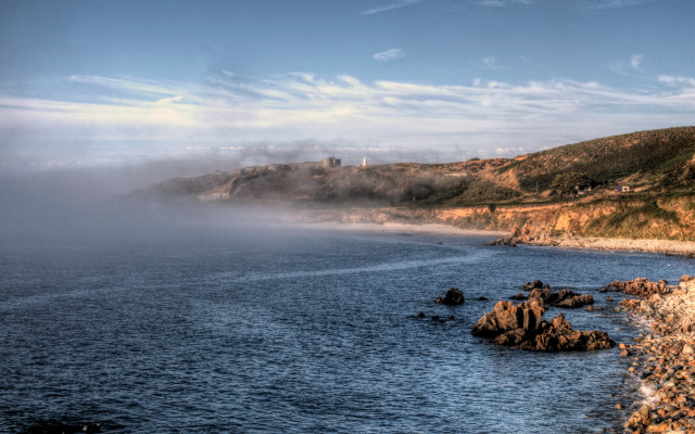 Lake hill misty sky boat free wallpaper - medium preview image