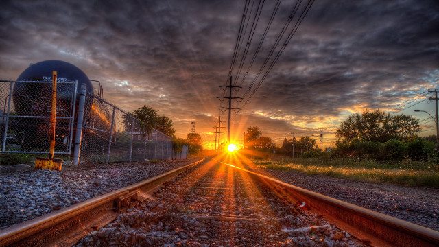 Sunset train track power lines free wallpaper - medium preview image